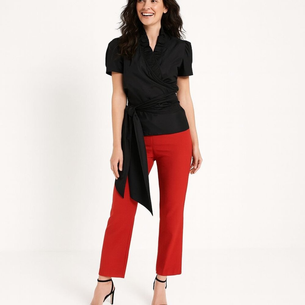 ZARA Black XS Ruffle Neck Wrap Top With Puff Sleeves & Side Sash Tie